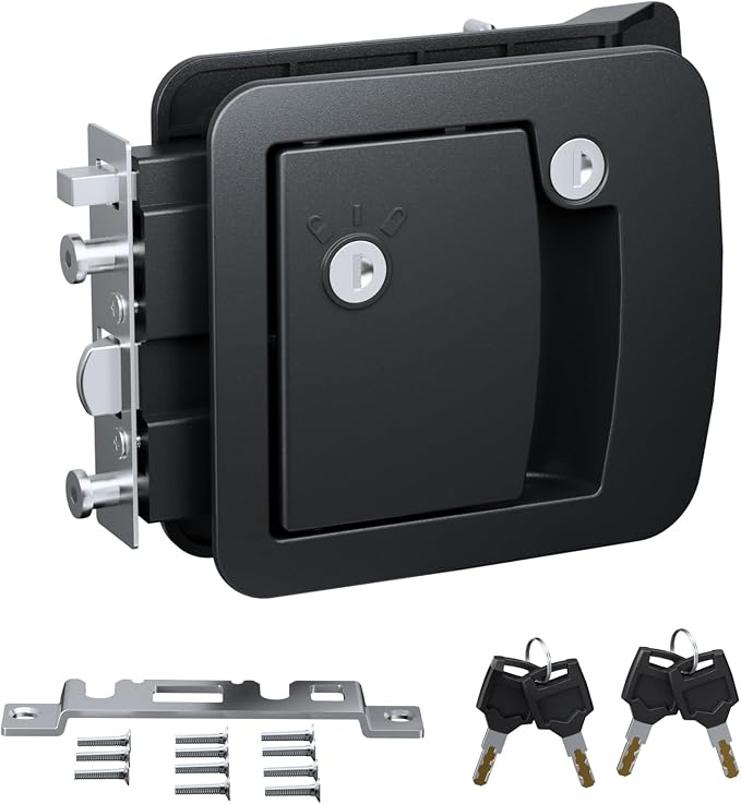 All-Metal RV Door Lock Replacement, Black Motorhome Door Latch Lock Fits 4.25" x 4.50" Opening for Class A and Class C RVs, Includes 4 Keys
