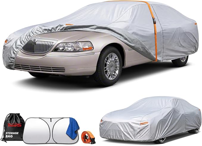 Car Cover Waterproof All-Weather,Heavy-Duty Outdoor Full Exterior Automobiles Snow Cover for Sedan(Length 219-230 inch),with Windshield Sun Shade,Anti-Scratch Cotton Lining & Zippered,Towel