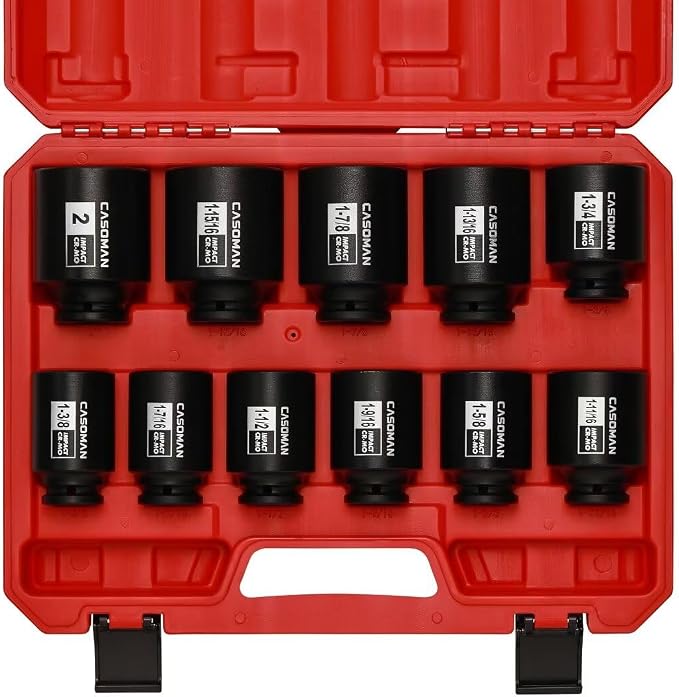 CASOMAN 11PCS 1/2-Inch Drive Large Impact Socket Set, 6 Point, 1-3/8-Inch to 2-Inch, SAE Spindle Axle Nut Impact Socket Set, CR-MO