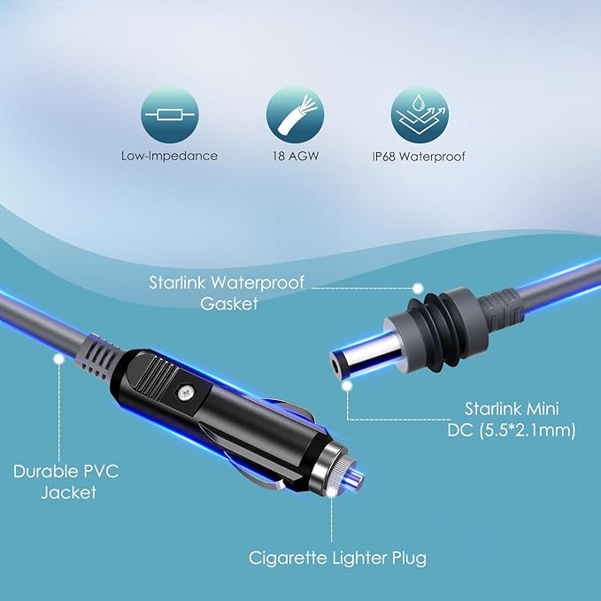 Starlink Mini Cable 12V Power Cable 16.4 FT/ 5M, Starlink Mini Accessories 16AWG Cigarette Lighter to DC Cord, 12V - 48V Car Charger Car Adapter