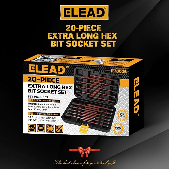Extra-Long Allen Hex Bit Socket Set: 20-Piece 3/8 Inch Drive, 150mm S2 Steel, Standard SAE & Metric (1/8-Inch - 7/16-Inch, 3-12mm) for Impact Drills and Ratchet Wrenches