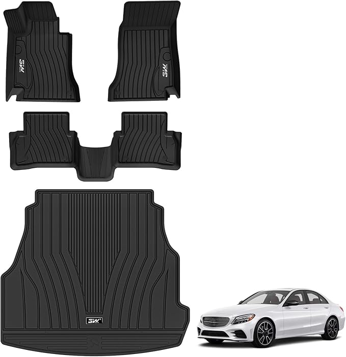 3W Floor Mats & Cargo Liner for Mercedes Benz C-Class 2022-2025 2026 C300/C43 AMG/C63 AMG S E (Fit Sedan Only), TPE All Weather 1st & 2nd Row Set Floor Liner for Benz C-Class Car Mats