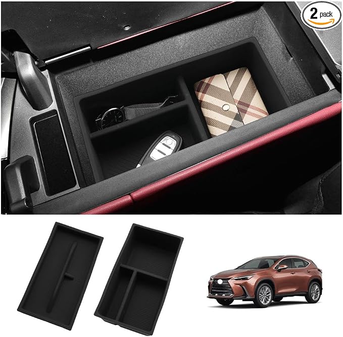 LUWU Lexus NX 2025 2026 Center Console Organizer for 2022 2023 2024 2025 2026 Lexus NX250/NX350/NX450 Accessories Armrest Console Storage Box Glove Organizer Tray Silicone Material 2-Pack (Black)