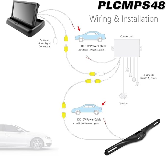 Pyle Backup Rear View Car Camera Monitor Screen & Alarm Parking Sensors System Reverse Safety Distance Scale Lines, Waterproof Night Vision Angle, 4.3" LCD Video Display for Vehicles - (PLCMPS48)