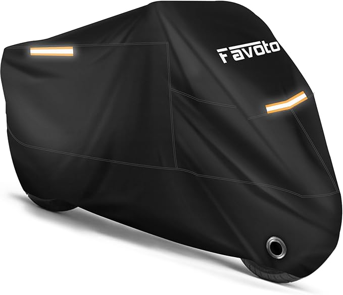 Favoto Motorcycle Cover Waterproof Outdoor Storage All Season Dust Sun Rain Protection Night Reflective with Lock-Holes Fits up to 86.6" Motorcycles Tarp Powersports Vehicle Cover