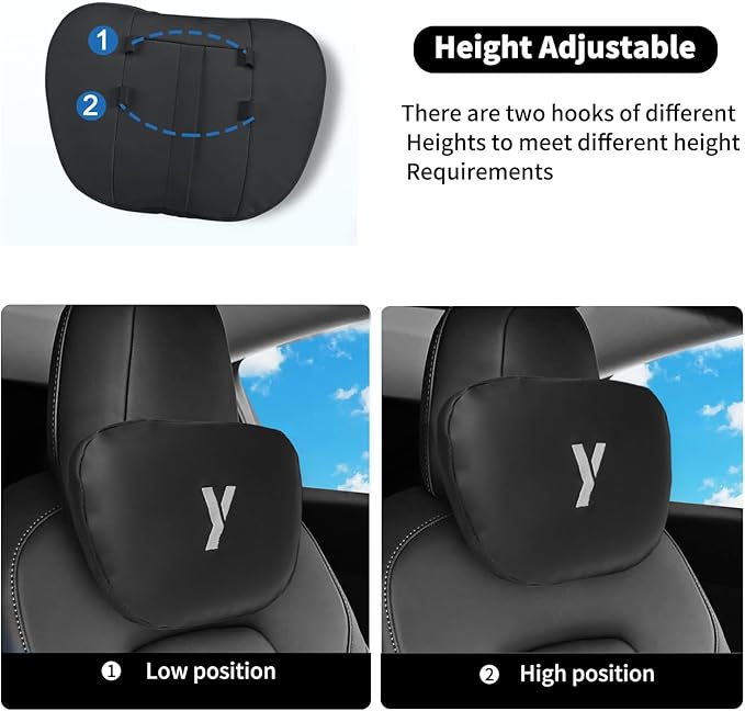 Nappa Leather Car Neck Pillow for Tesla Model Y Model 3 Juniper/Highland Headrest Pillow Memory Foam Ergonomic Design Breathable Height Adjustable Accessories (Black-2 pcs-Y)