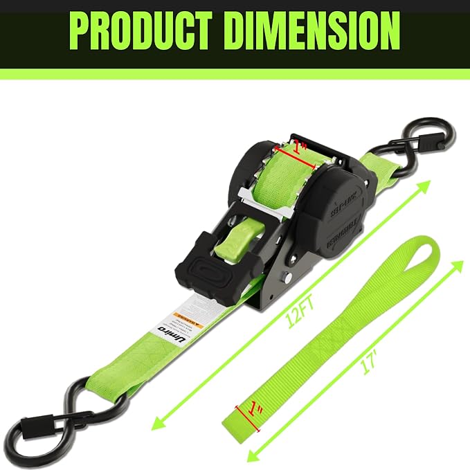 Retractable Ratchet Straps 1 Inch x 12 Feet Heavy Duty Tie Downs,1760lb Break Strength,Self Retracting for Truck,Cargo,Trailer,Motorcycle,ATV,UTV (Fluorescent Green, 4pack)
