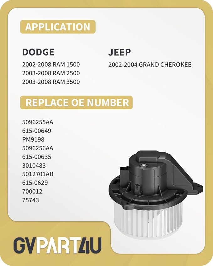 Front Blower Motor 700012 for 2002-2008 Dodge Ram 1500 2500 3500, for 2002-2004 Jeep Grand Cherokee, 2002 2003 2004 2005 2006 2007 2008 Blower Motor OE: PM9198 5012701AB 5096255AA 5096256AA