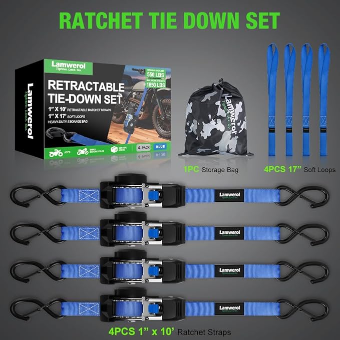 Retractable Ratchet Straps (4-Pack) - 1 Inch x 10 Feet (1,650lb Break Strength) - Heavy Duty Auto Self Retracting Tie Down Straps for Motorcycle, ATV, UTV, Truck, Cargo Trailer - Blue