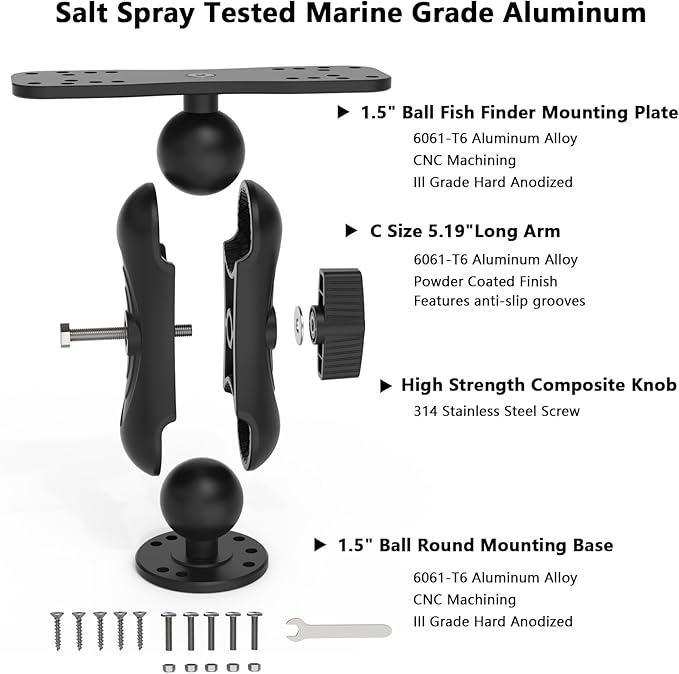 Aobelieve Aluminum Fish Finder Mount for Lowrance, Garmin and Humminbird, C-Size 1.5 Inch Ball, 5.19 Inch Arm, Heavy Duty Adjustable Marine Electronics Mount for Boat & Kayak, Black