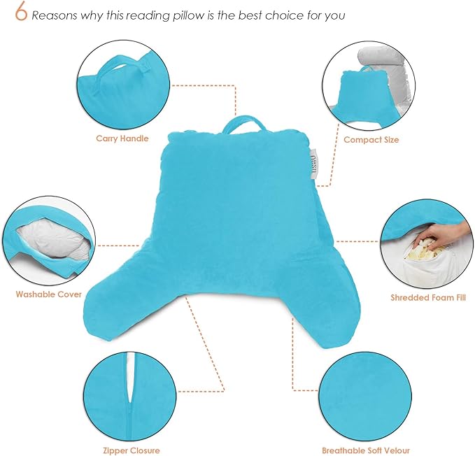 Nestl Reading Pillow for Kids & Teens with Shredded Memory Foam, Backrest Pillows for Reading, Watching, and Gaming, Use on the Couch, Bed, or Floor, Adjustable Support with Washable Cover Bright Blue