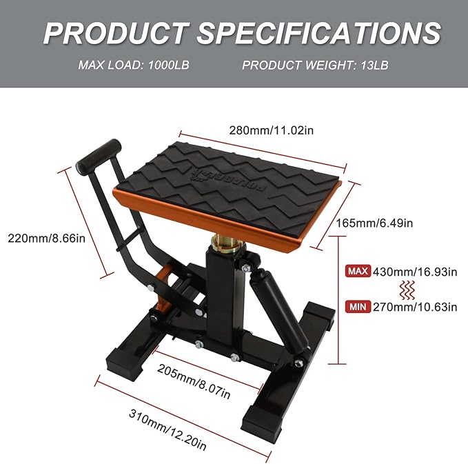 POLARBEAR Dirt Bike Stand Hydraulic Aluminum Jack Stands Vertical Lift CNC, for Dirt Bike/ATV/ADV/Rally Maintenance, Motorcycle Dirtbike Engine Stand with 1200Lbs Capacity(Orange)