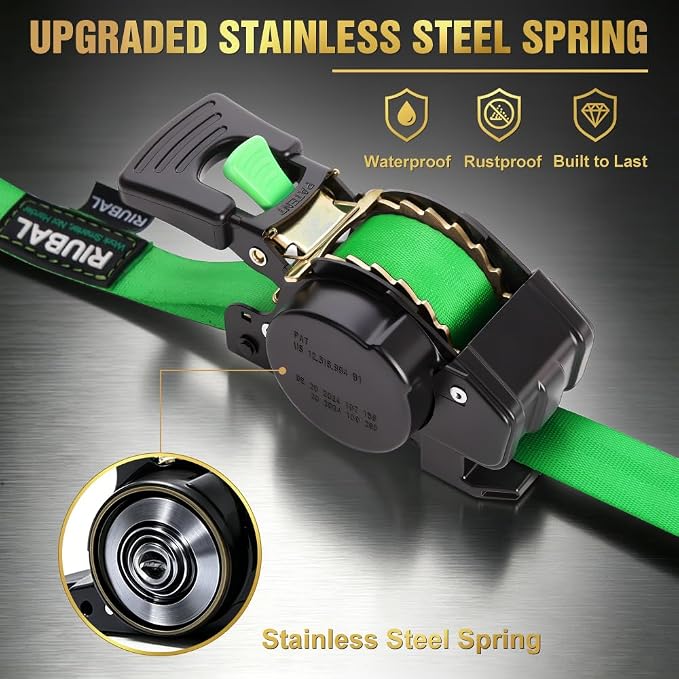 Retractable Ratchet Straps (4-Pack) - 1 Inch x 10 Feet (1,764lb Break Strength) - Auto Self Retracting Tie Down Straps Heavy Duty for Motorcycle, ATV, UTV, Truck, Cargo Trailer – Green