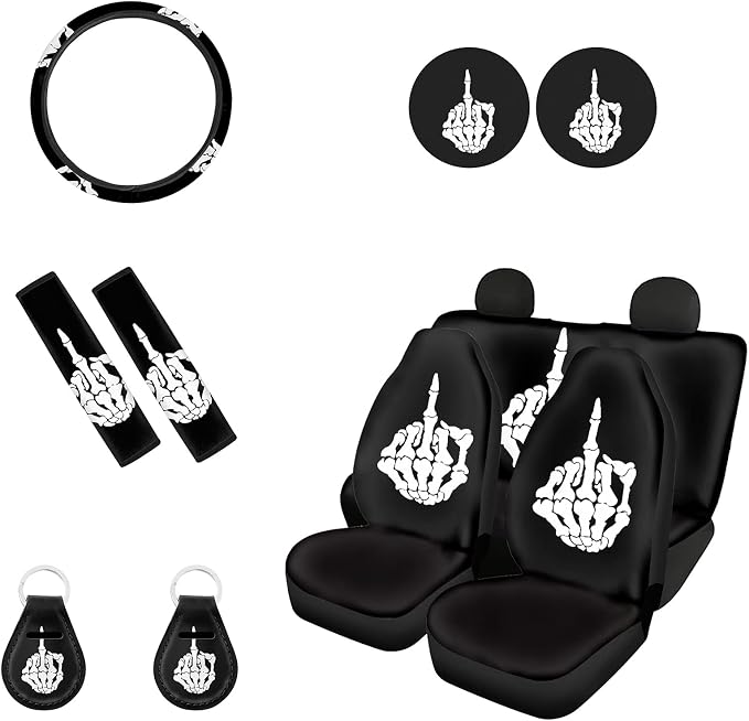 Biyejit Skeleton Shows Middle Finger Print Car Seat Covers and Steering Wheel Cover Full Set with Seat Belt Cover+Keychains+Automotive Cup Holders Universal Fit Car SUV Truck Sedan