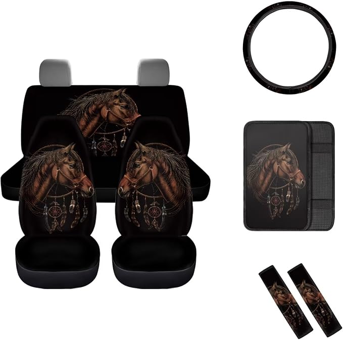 Mumeson Horse Pattern Car Seat Accessories Set Universal Car Seat Covers Set and Steering Wheel Cover,Seat Belt Covers,Car Interior Armrest Cushion Pad Full Set of 8 Pack