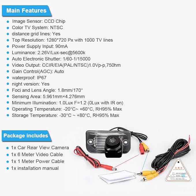 Car Rear View Backup Camera Replacement for Mercedes-Benz CLK Cabriolet C209 A209 W209 200 220 240 270 280 320 350 500 55AMG 63AMG SL R230 280 300 350 600 SLR R199 Chrysler Crossfire Roadster