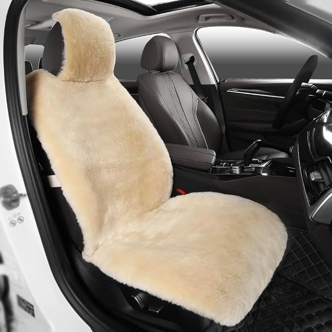 IRIWOOL Fluffy Fur Sheepskin Car Seat Cover Automotive Interior Accessories Seat Covers Accessories Seat Cushions， Soft Natural Pure Wool ，Universal Fits Most Cars SUVs (Pearl, Universal Fit)