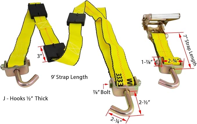 Mytee Products 4 Pack 2" x12' Car Hauler Straps for Trailer w/Ratchet, Swivel J Hook & Rubber Block - 10,000 lbs Breaking Strength Over The Wheel Tire Straps for UTV Hauler - Vehicle Car Tie Down Kit
