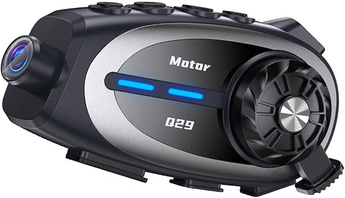 2 Way Intercom Helmet Headset with Camera - IP67 Wireless Motorcycle Voice Talk Headset 1080P Helmet Dash Cam Communication Walkie-Talkie, 1600FT Intercom, 1500mAh Battery, Music Sharing