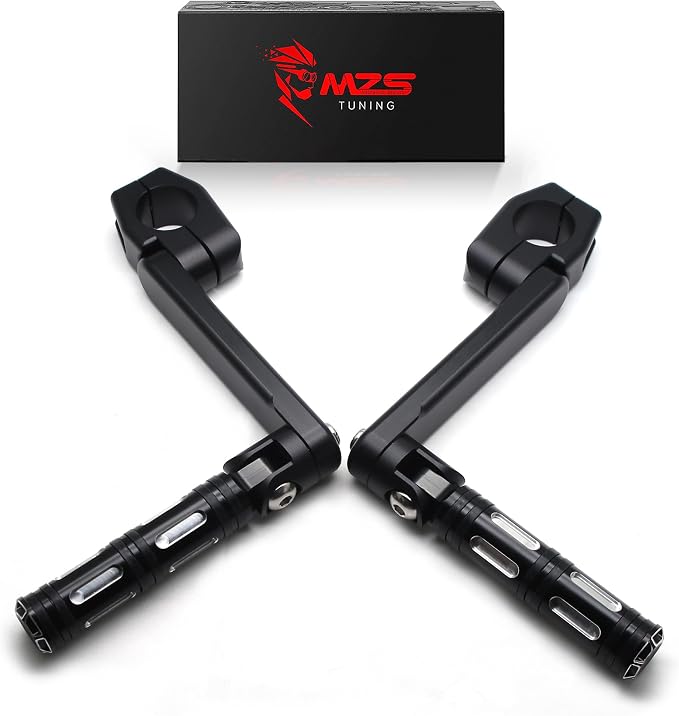 MZS Motorcycle Highway Pegs, 1.25" CNC Highway Foot Pegs Adjustable Long Angled Mount Clamps Compatible with Road King Sportster Softail Street Electra Glide Dyna Rebel Shadow for 1 1/4 Crash Bar