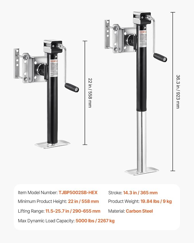 VEVOR 5000 lbs Dynamic Load Capacity, Heavy Duty Swivel Bolt-on Trailer Jack, 14.3" Lift Trailer Jack Stand with Handle for RV, Horse, Utility, and Yacht Trailers