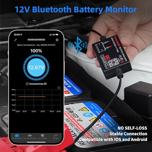 BM2 Bluetooth Battery Monitor 12V Car Battery Tester for Lead Acid Battery, LowVolt Alarm for All 12 Volts Solar Power Systems/RVs/Motorcycles/Boats/Cars Compatible with iPhone and Android