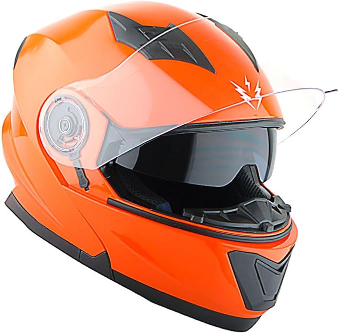 1Storm New Motorcycle Bike Modular Full Face Helmet Dual Visor Sun Shield with Rechargeable LED Tail Light: Glossy Orange