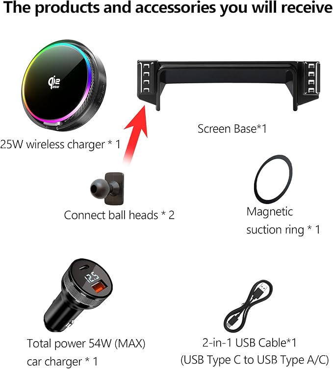 Qi2.2 25W Magnetic Car Mount Charger for Ford Bronco Sport 2021 2022 2023 2024 Accessories, for Fast Charging Cell Phone Holder 8 Inch Screen Fixed Clip with Cooling Fan＆54W Fast Adapter