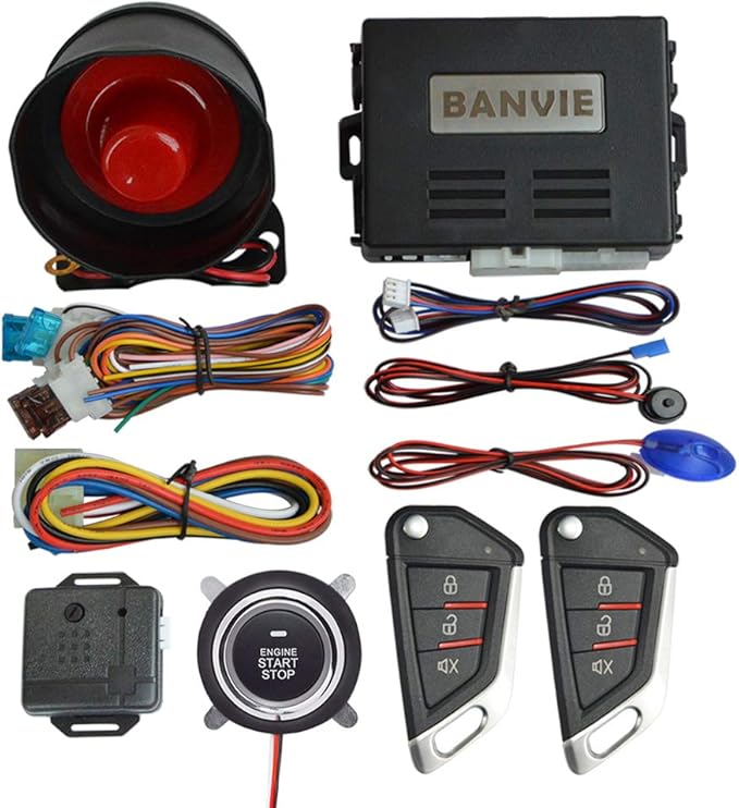 BANVIE Car Alarm System with Remote Engine Start and Push to Start Stop Iginition Button Kit