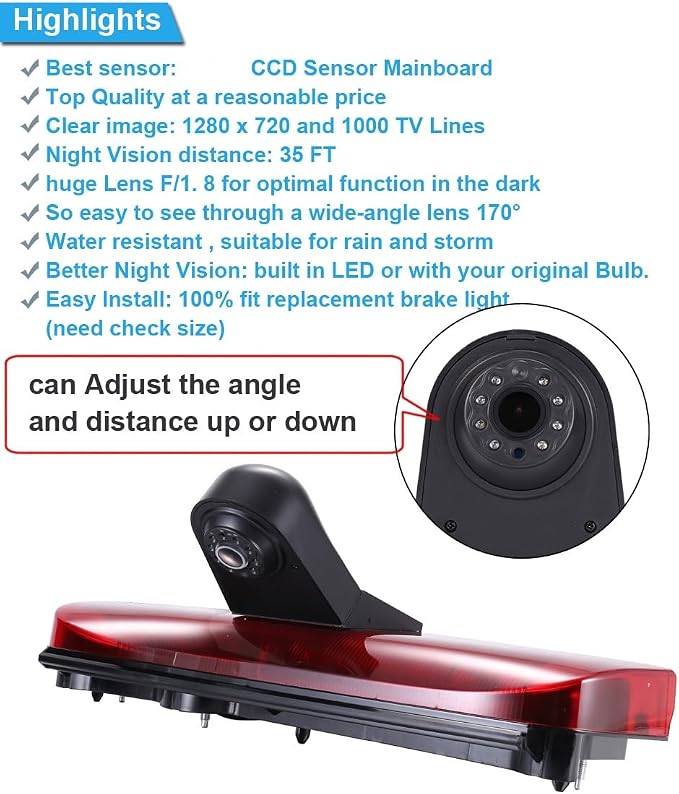 HD 1280x720 Pixels 1000 TV Lines Light Lamp Reverse Parking Car Rear View Camera +7 inch LCD Monitor Replacement for Ford Transit Connect 2014-2017 Transporter Business MPV SUV Bus