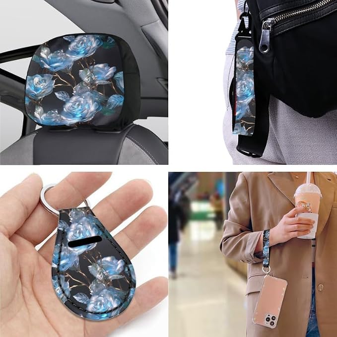 Crystal Rose Blue Artwork Print 13 Pcs Car Seat Covers Full Set Rose Hand Drawing Steering Wheel Cover Back Headrest Cover Coaster Keychains for Trucks Sedan SUV