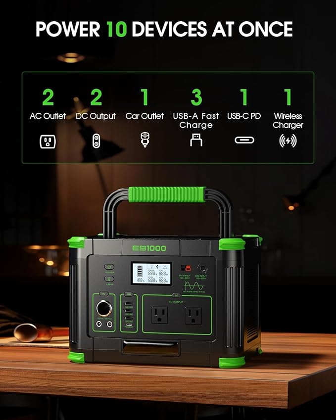 1000W Portable Power Station 999Wh, 110V Pure Sine Wave AC Outlet (2000W Peak), 60W PD USB-C & 10 Ports, Solar Generator for Home Backup, Outdoor Camping, RV, Emergency, Off-Grid Living