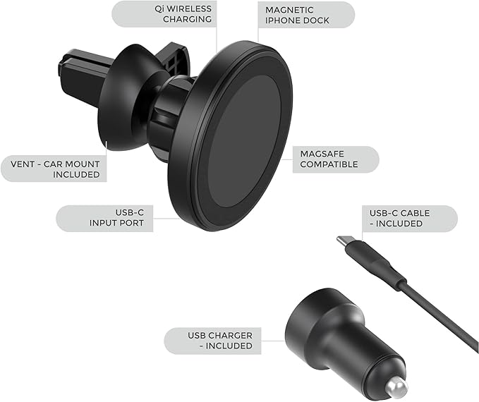 PhoneSuit Magnetic Car Dock for MagSafe & iPhone Wireless Charging | Strong Neodymium Magnets | 15 Watt Fast Charging | | Include USB Car Charger | Air Vent Adapter | iPhone 15/14 / 13/12 & More