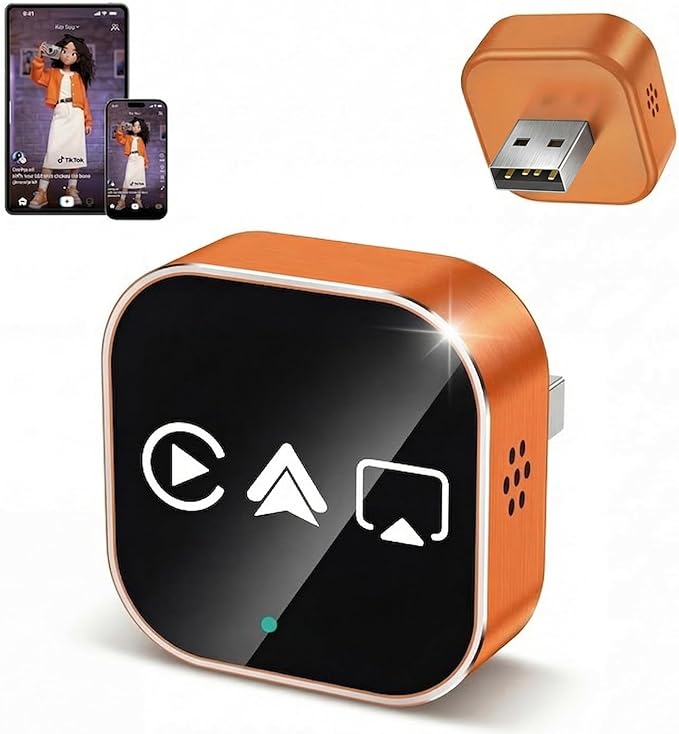 4-in-1 Wireless CarPlay & Android Auto Adapter – AirPlay & Miracast Media Hub – Seamless for Mixed Families – 5.8GHz Low-Latency & Auto-Connect – Factory Wired Cars Only (Sunset Orange)