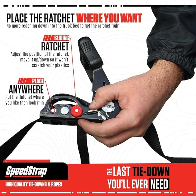 SpeedStrap Motorcycle Tie-Downs with Adjustable Sliding Ratchet (2-Pack) 1.25 Inch x 7 Feet (3,000lb MRC) - Moto Tie Down Straps with Swivel Carabiner, Built-in Soft Ties & Safety S-Hooks - Black