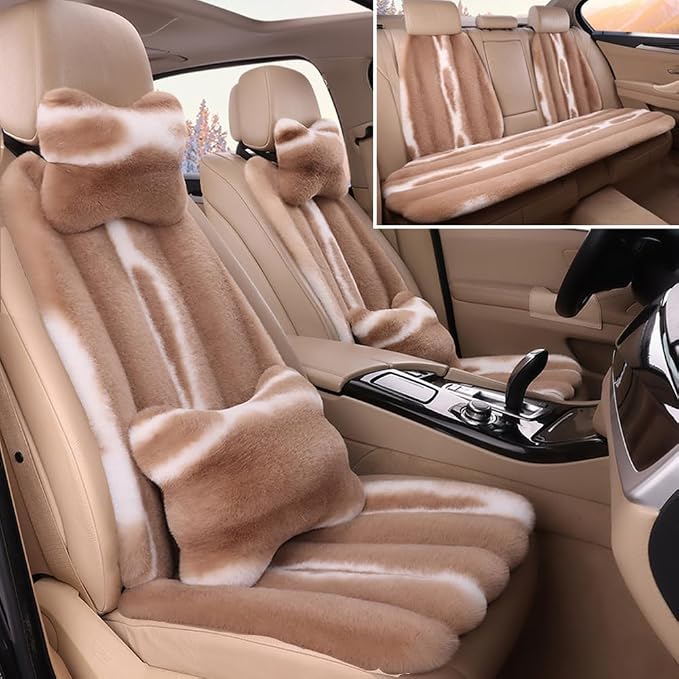 Faux Sheepskin Fur Car Seat Cover Full Set, Fluffy Cute Brown Car Seat Covers for Fuzzy Soft Auto Universal Plush Vehicle Seat Protector Pad Accessories Home and Office Chair