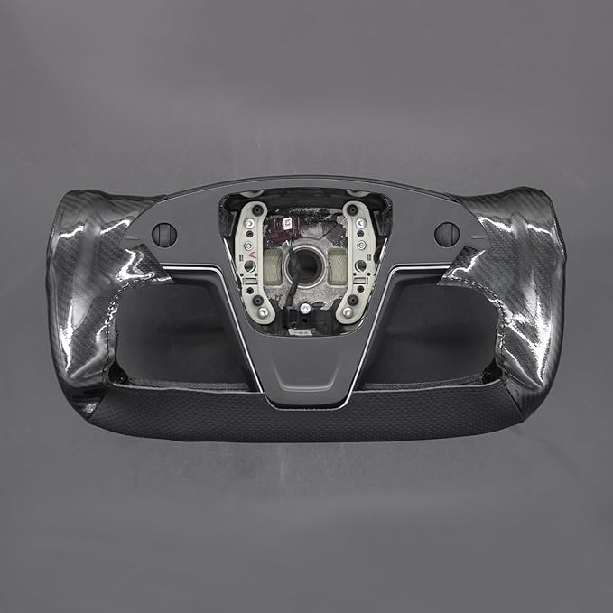 MEWANT Hand Stitch Black Genuine Leather Shiny PU Carbon Fiber Steering Wheel Cover Wrap for Tesla Model S Yoke Model X