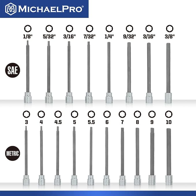 MichaelPro 18-Piece 3/8'' Drive Long Hex Bit Socket Set, SAE & Metric (1/8" - 3/8", 3-10 mm), 6-Inch Length for Deep Reach, High Torque Resistant CR-V and S2 Steel, Storage Case Included - MP012020
