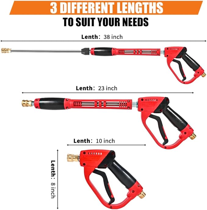 Pressure Washer Gun With Extension Wand Replacement 5000 PSI High Power Washer Gun 38 Inch Adjustable Length with M22 14mm or M22 15mm Fitting 5 Nozzle Tips with Nozzle Holder (Red)