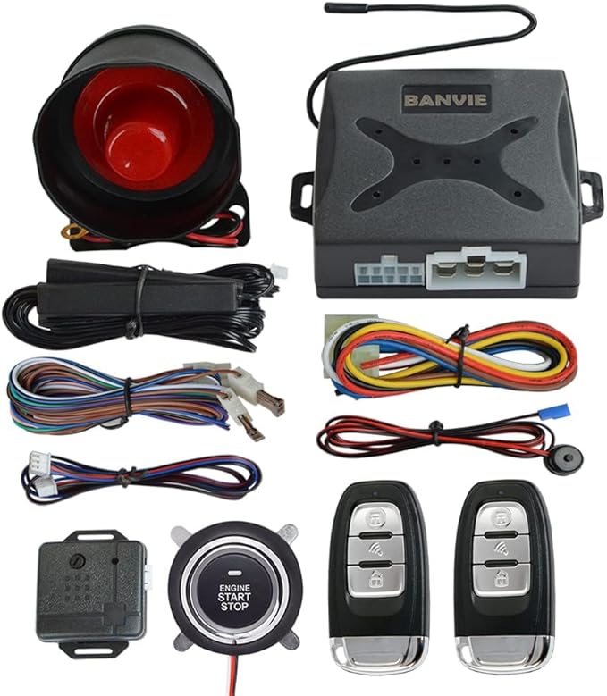 BANVIE ① Passive keyless Entry Car Alarm System + ② Remote Engine Starter + ③ Push to Start Iginition Button (with Siren)