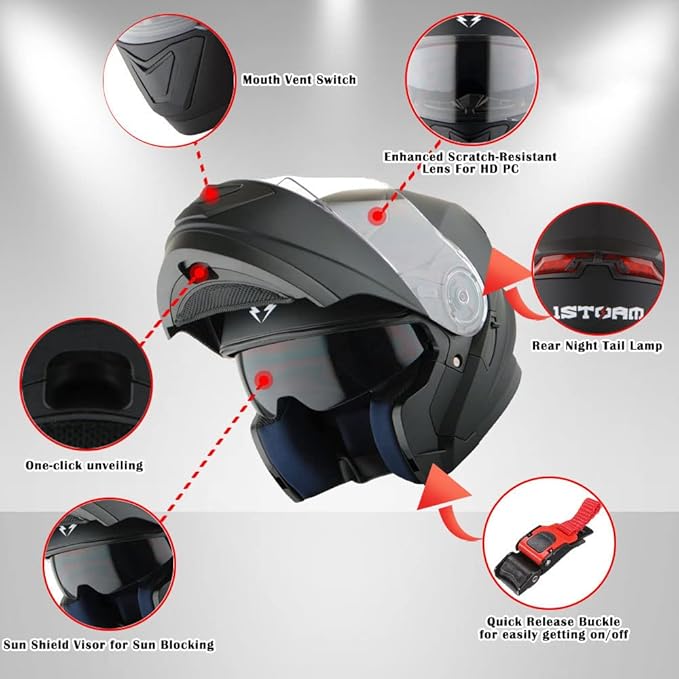 1Storm New Motorcycle Bike Modular Full Face Helmet Dual Visor Sun Shield with Rechargeable LED Tail Light: Glossy Red