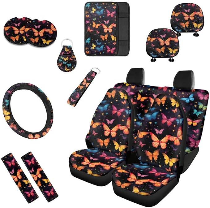 Butterfly Print 13 Pack Car Seat Covers Full Set Colorful Butterflies Painting Car Interior Accessories Fit Auto SUV Trucks Seat Belt Shoulder, Black