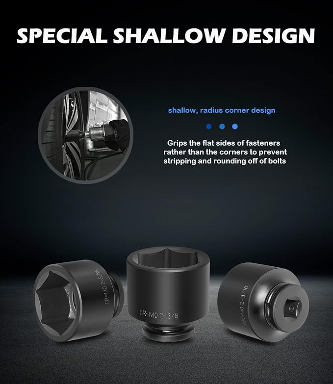 3/4" Drive Spindle Axle Nut Impact Large Socket Set, SAE Standard Sizes 2-1/16 Inch to 2-1/2 Inch, CR-MO Steel, 6-Point, Jumbo Sockets 8PCS for Removing Installing Axle Nuts Socket Heavy Duty