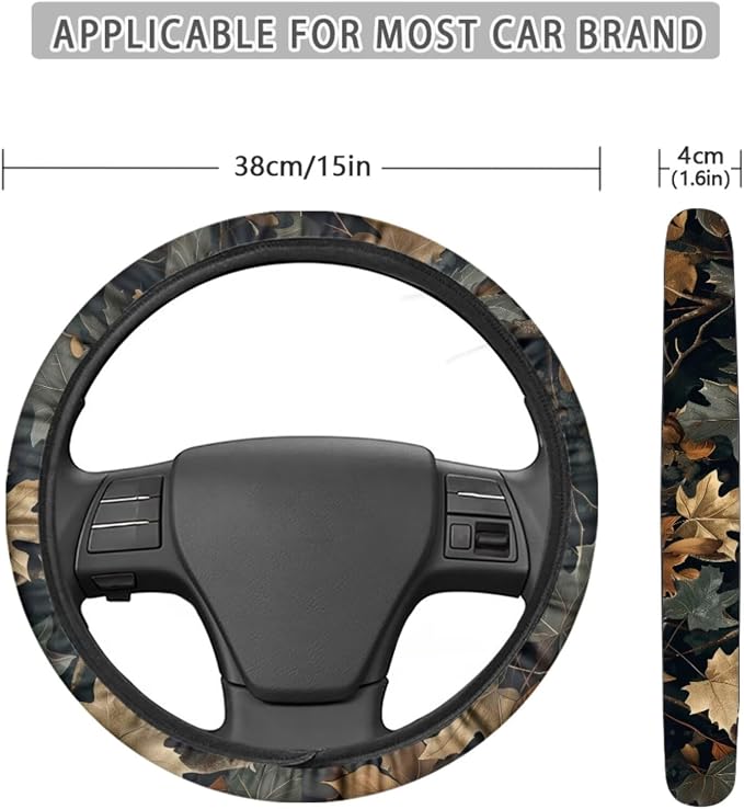 Hunting Camo Pattern Women’s 13 Pieces Car Accessories, 4 PCS Auto Seat Covers with Elastic Backing, 1 Piece Steering Wheel Cover, 4 Safe Belt Pads, 4 Cup Coasters as Gift for Family Friend