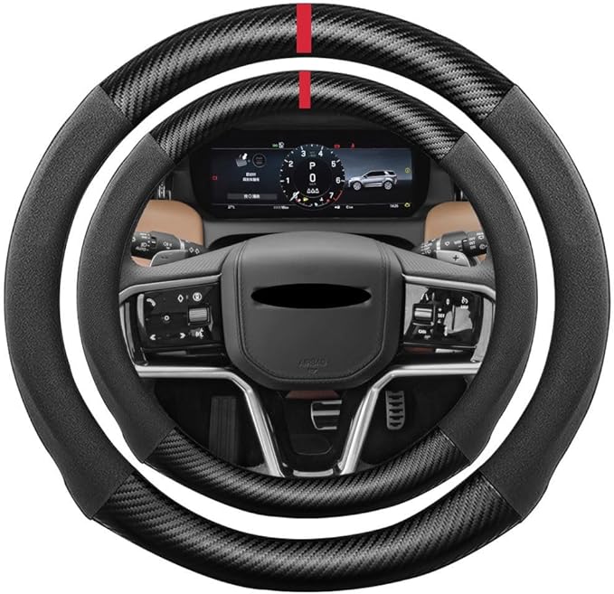 Suede Carbon Fiber Steering Wheel Cover, Compatible with Genesis G70 G80 GV60 GV70 GV80 15 inch Soft Suede Touch Leather Sport Non-Slip Automotive Interior Accessories