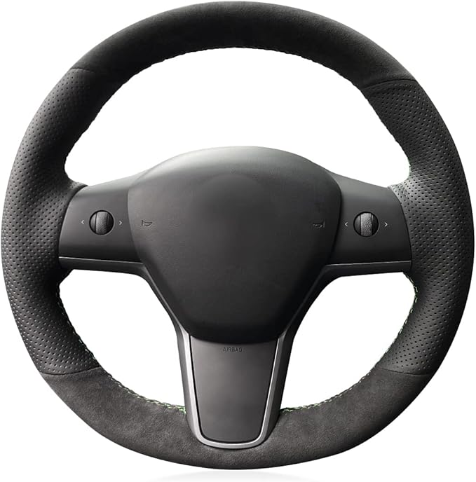 MEWANT Hand Stitch Athsuede Perforated Real Leather Steering Wheel Cover for Tesla Model 3 2017-2020 DIY Steering Wrap