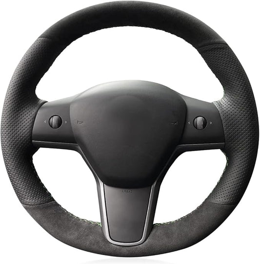 MEWANT Hand Stitch Athsuede Perforated Real Leather Steering Wheel Cover for Tesla Model 3 2017-2020 DIY Steering Wrap