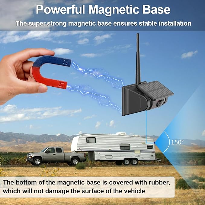 Magnetic Solar Wireless Backup Camera with 5" Monitor System AHD1080P Truck Trailer Hitch Rear View Camera IR Night Vision Waterproof Rechargeable Reverse Camera for RV Car Camper