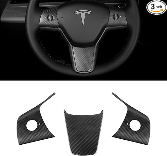 Steering Wheel Trim Cover 3PCS for 2017-2023 Tesla Model 3&Y,3K Toray Dry Carbon Fiber Interior Accessories Compatible with Tesla Model 3&Y(Matte Black)