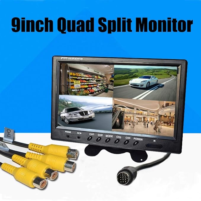 Hikity 9 Inch Backup Camera Monitor Only, Quad Split Screen, 4 Channels RCA Video Inputs HD Vehicle Rear View Reverse Color TFT LCD Display Screen for Car SUV Van Truck Pickup